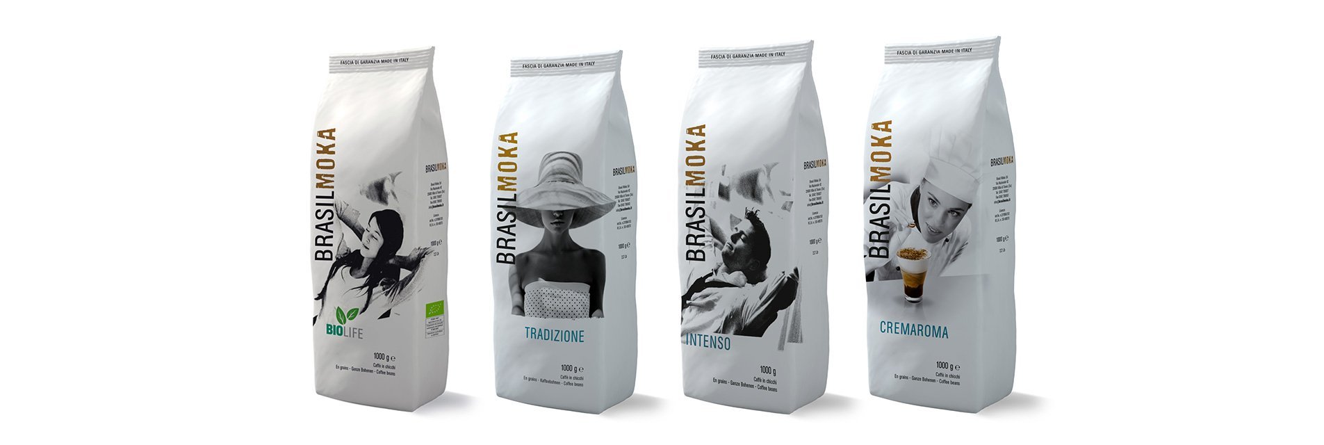 Le quattro miscele di caffè in grani Brasilmoka: Biolife, Tradizione, Intenso, Cremaroma